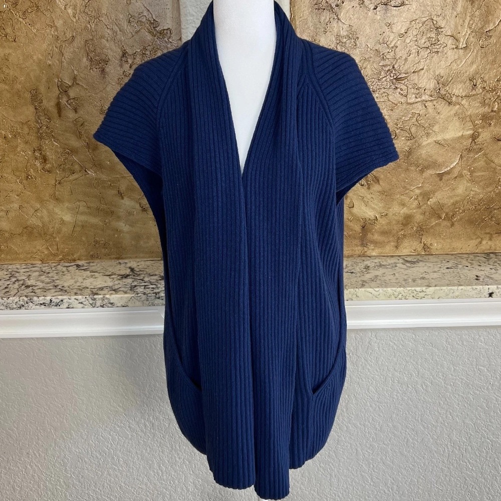 Lafayette 148 Cardigan Sweater Vest Womens Large‎ Blue Open Ribbed Wool Cashmere